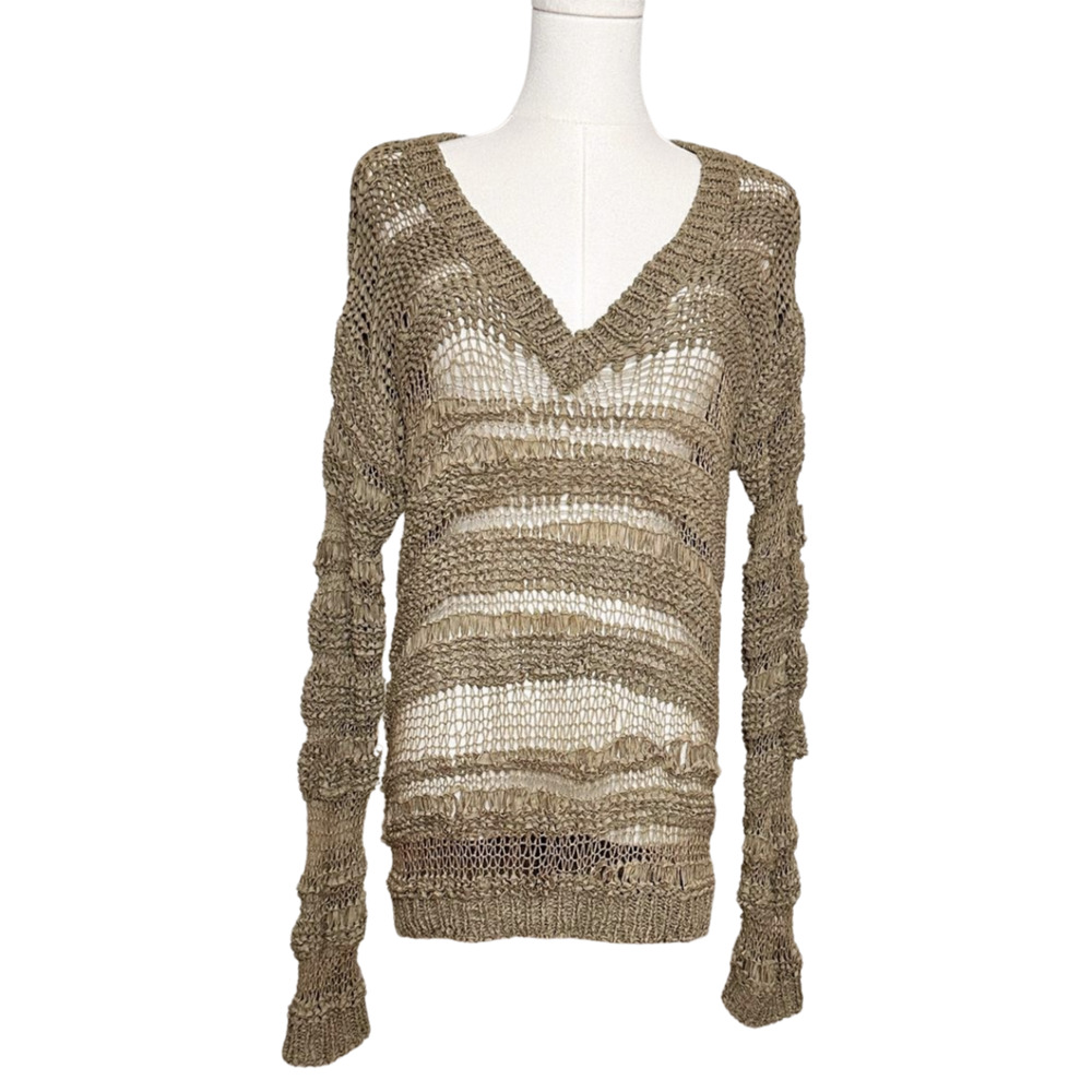 Staring At Stars Sage Green Open Weave V Neck Long Sleeve Sweater Small